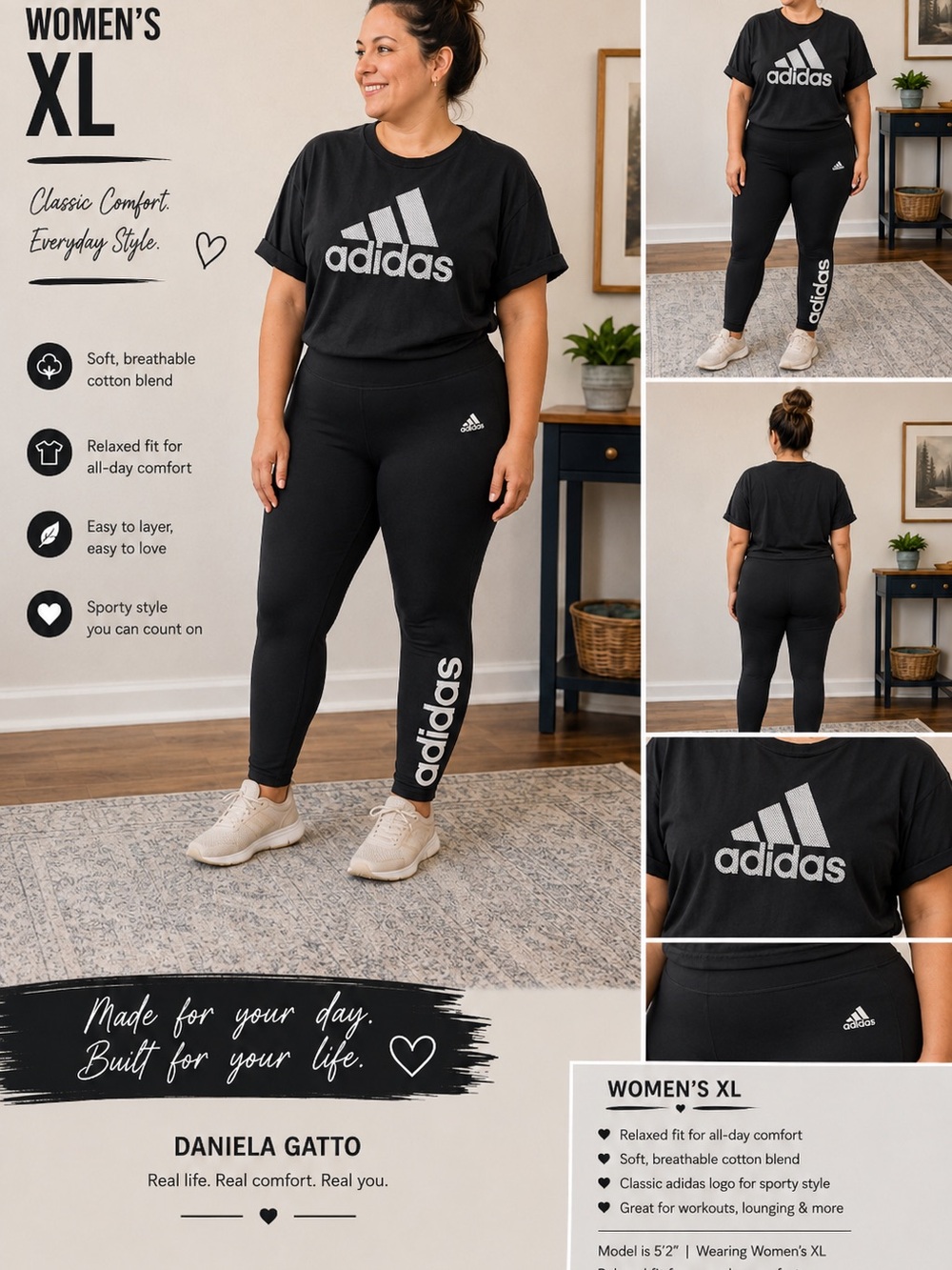 adidas Women’s Black Logo Leggings with black shirt outfit XL